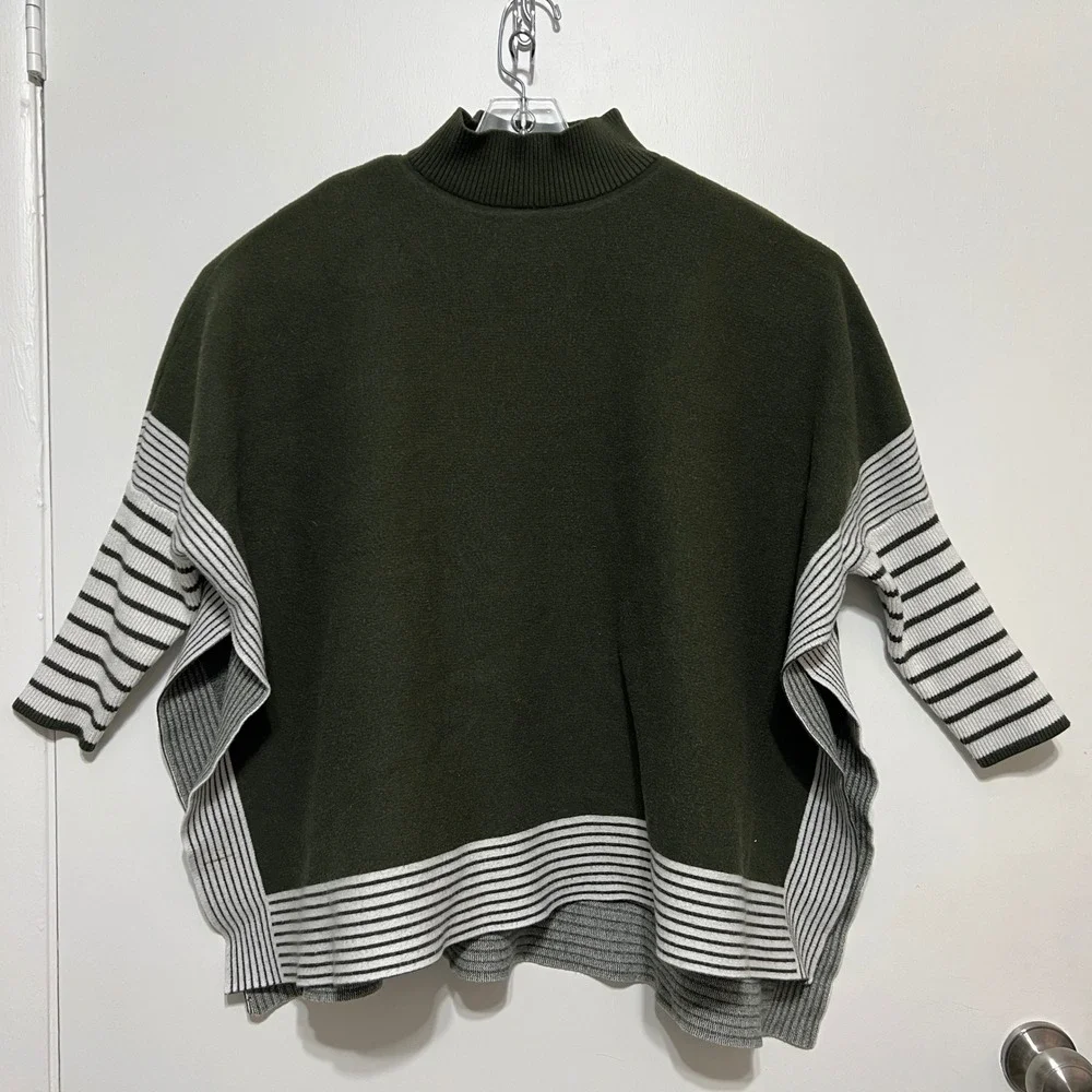 Womens Olive Green Mock Neck Striped‎ Sleeve Poncho Sweater Knit Top One Size
